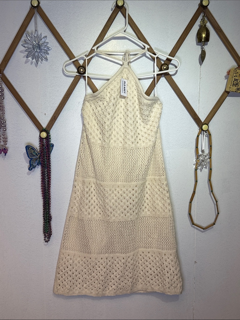 Old Navy Cream Crochet Halter Mini Dress - A-Line Knit